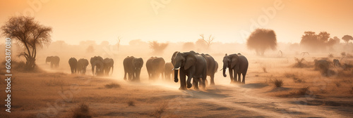 Elephants walk in the desert at sunset, banner.ai © Aida