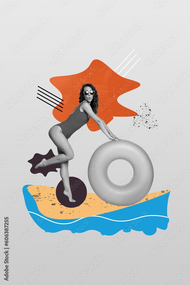 Creative abstract graphics collage image of sexy slim lady enjoying water journey isolated grey color background Creative abstract graphics collage image of sexy slim lady enjoying water journey isolated grey color background