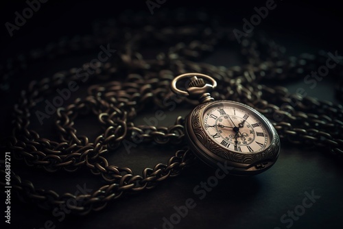 illustration, vintage pocket watch with swinging chain, generative ai.