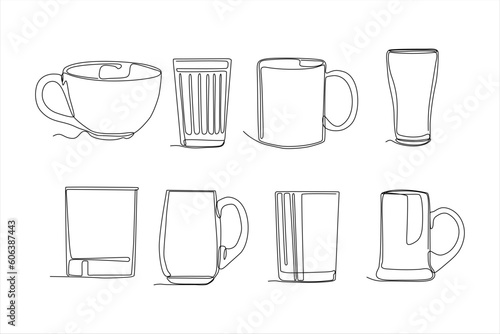 glass cup continuous line art vector set illustration