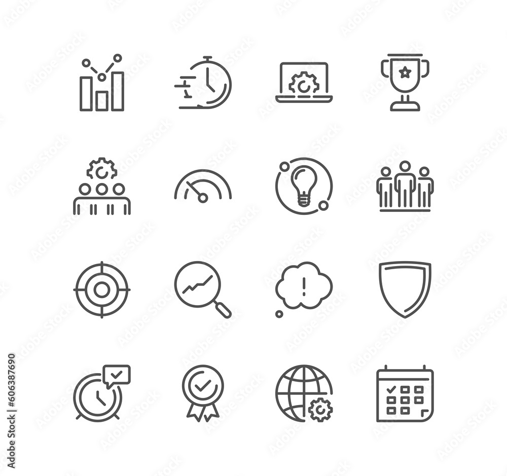 Set of seo and promotion related icons, data, market, analysis, feedback, optimization, target, website stats and linear variety symbols.