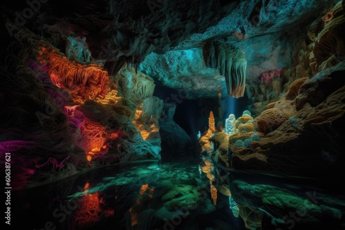 underwater cave with psychedelic pattern of light and color, created by the interaction between water and stone, created with generative ai