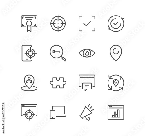 Set of seo and promotion related icons, data, market, analysis, feedback, optimization, target, website stats and linear variety symbols.