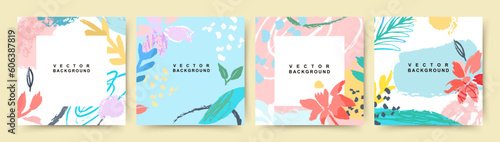 Summer creative artistic backgrounds. Trendy abstract graphic design with floral elements and texture. Editable vector template for postcard, banner, invitation, social media post, poster, cover