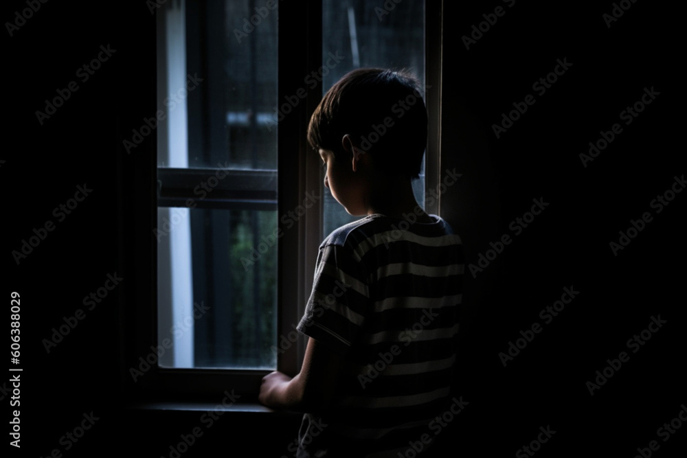 rear view of Lonely boy standing in the dark behind the window looking