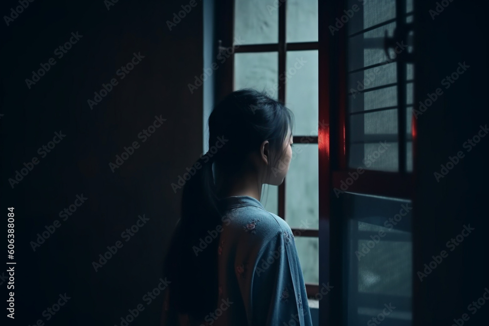 rear view of Lonely asian chinese woman standing in the dark behind the window looking