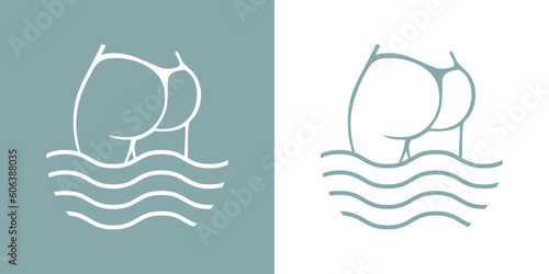 Logo vacaciones de verano. Silueta lineal de culo de mujer con tanga con olas de mar