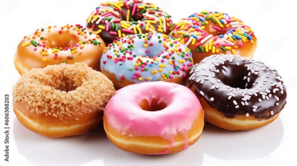 Assorted donuts isolated on a white background. Tasty doughnut background