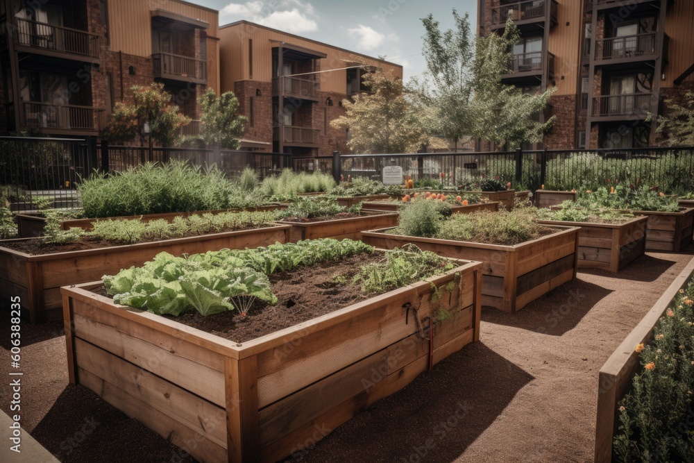 community garden with self-watering planters, raised beds, and vegetable seeds, created with generative ai community garden with self-watering planters, raised beds, and vegetable seeds, created with generative ai