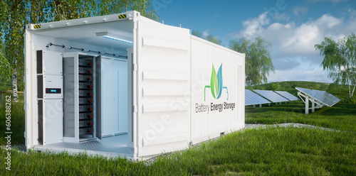 Close up view of the battery modules for energy storage inside open industrial container on a lush lawn with a photovoltaic power plant in the background. 3d rendering.
