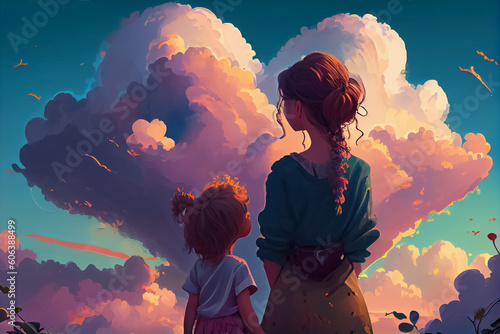 illustration of pregnant woman with kid looking at sky . AI