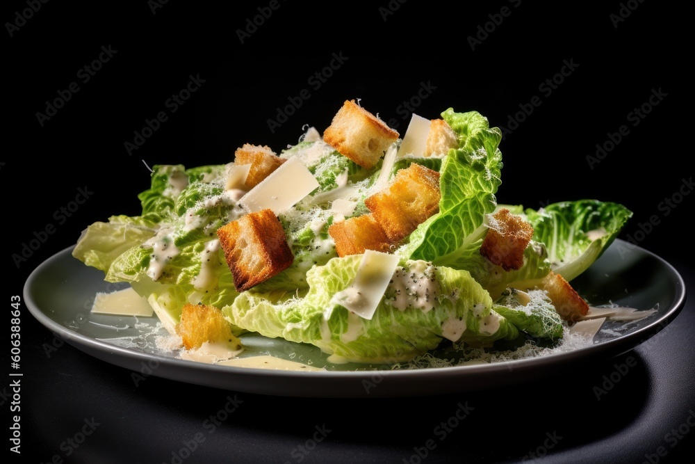 Caesar salad featuring Romaine lettuce, croutons, and grated cheese, artistically plated on a white dish Caesar salad featuring Romaine lettuce, croutons, and grated cheese, artistically plated on a white dish