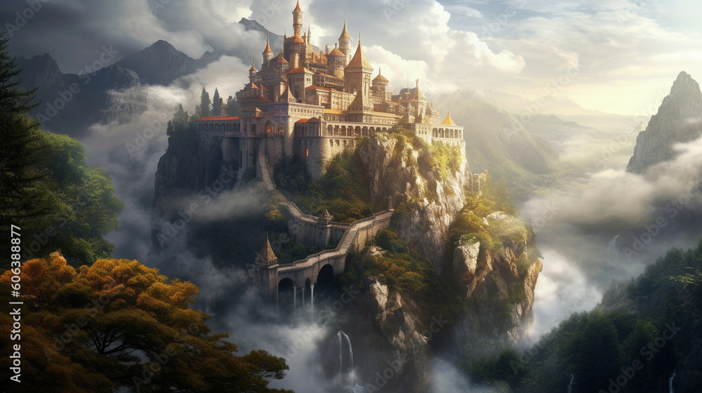 A majestic castle atop a mountain peak, surrounded by swirling mist and lush greenery Generative AI
