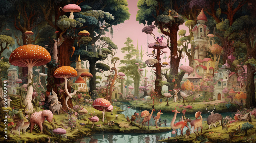 A whimsical forest filled with talking animals and colorful mushrooms Generative AI A whimsical forest filled with talking animals and colorful mushrooms Generative AI
