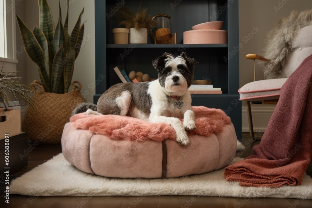 a plush pet bed surrounded by a variety of stylish accessories, created with generative ai