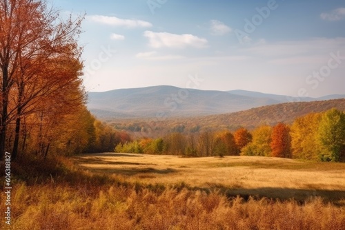 autumn landscape with fields of colorful foliage and distant mountains, created with generative ai