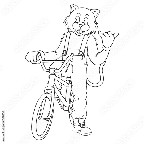 coloring illustration of cartoon teen cat ride a bicycle
