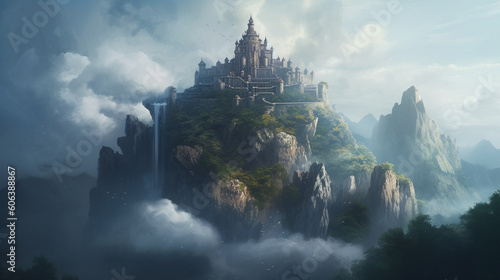 A majestic castle atop a mountain peak, surrounded by swirling mist and lush greenery Generative AI © Наталья Евтехова
