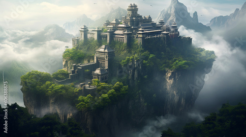 A majestic castle atop a mountain peak, surrounded by swirling mist and lush greenery Generative AI © Наталья Евтехова