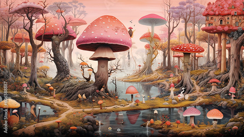 A whimsical forest filled with talking animals and colorful mushrooms Generative AI