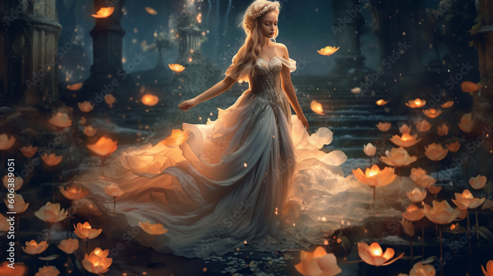 A beautiful princess wearing a gown made of flowing petals, standing in a moonlit garden Generative AI