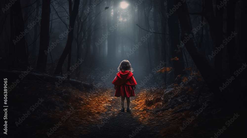 A brave little girl with a red hood, walking through a dark forest with glowing eyes watching her Generative AI