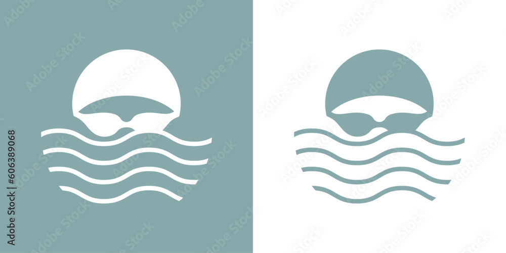 Logo deportes acuáticos. Silueta de cabeza de nadador con sombrero de natación y gafas protectoras con olas Logo deportes acuáticos. Silueta de cabeza de nadador con sombrero de natación y gafas protectoras con olas