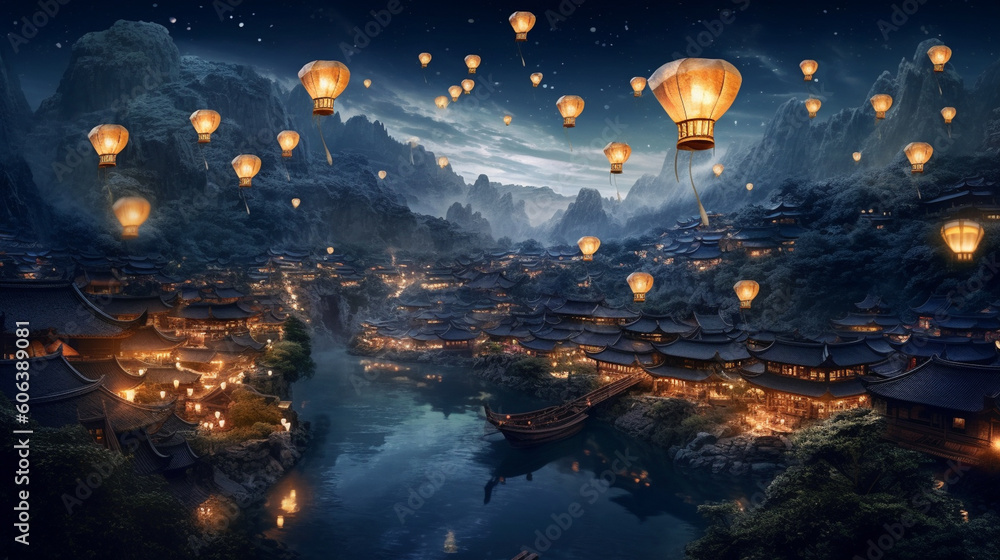 A magical floating lantern festival in the night sky, illuminating a sleepy village below Generative AI A magical floating lantern festival in the night sky, illuminating a sleepy village below Generative AI