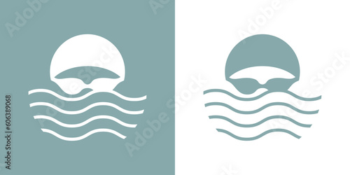 Logo deportes acuáticos. Silueta de cabeza de nadador con sombrero de natación y gafas protectoras con olas 