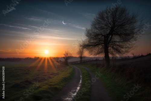 rural sunset, with the sun being replaced by the moon and stars, created with generative ai © Natalia