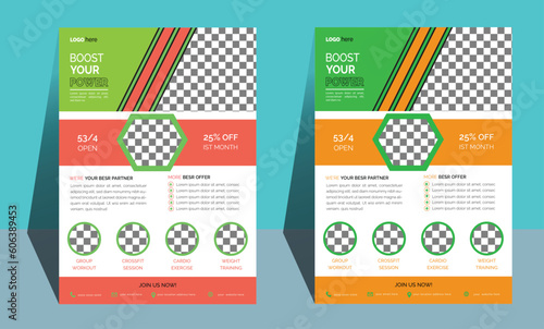 Fitness Flyer and Exercise Poster design Layout with Purple and Yellow Accents yoga studio counter informing about