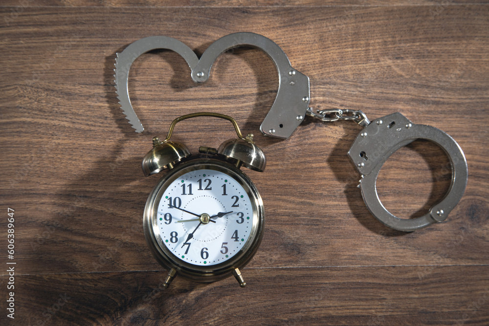 Handcuffs and alarm clock on the wooden background.