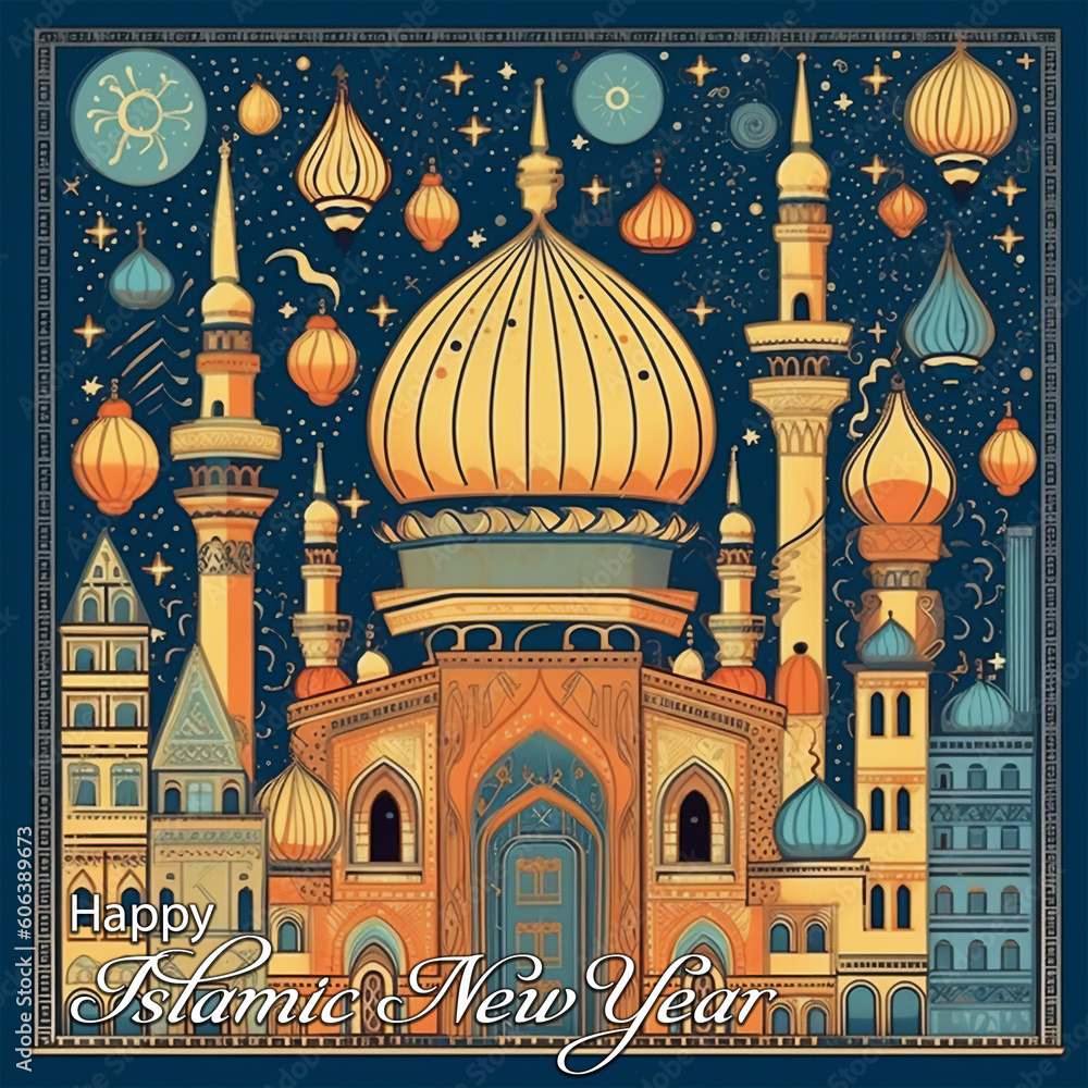 Islamic New Year Greeting Card with lantern and mosque graphic ...