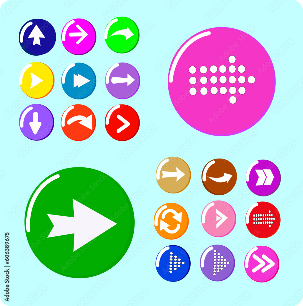 Flat and round set of arrow icons. Fullcolor set of arrow icons. Replaceable vector design. Flat and round set of arrow icons. Fullcolor set of arrow icons. Replaceable vector design.