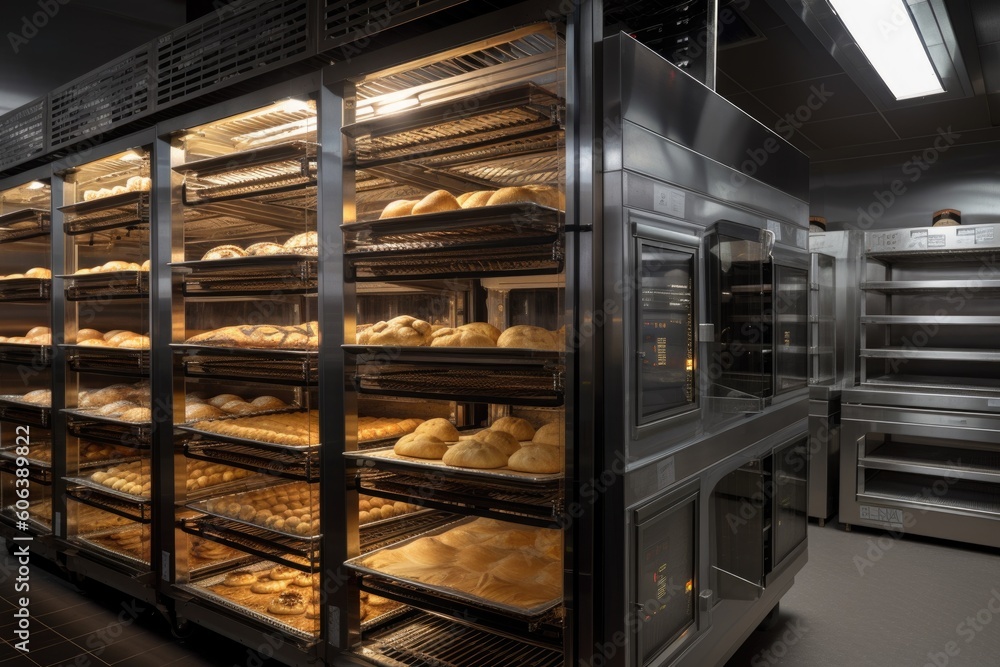 commercial ovens, with racks full of freshly baked bread and pastries, created with generative ai