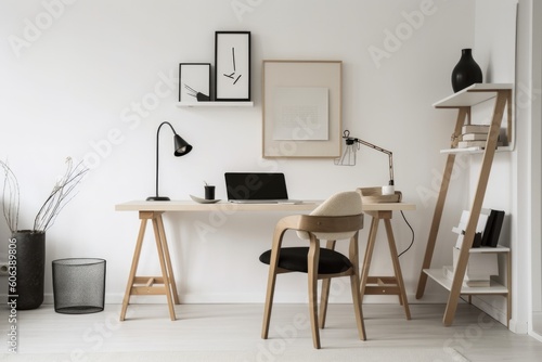 a minimalist home office with clean lines and simple decor, created with generative ai © Natalia
