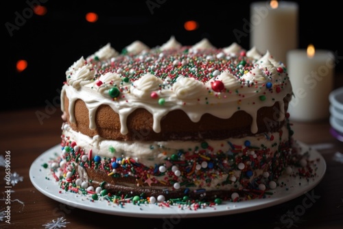 close-up of beautifully decorated holiday cake, with sprinkles and icing visible, created with generative ai