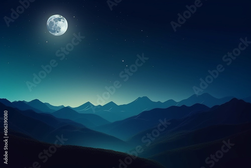 Night mountains landscape with moon light, Beauty nature background