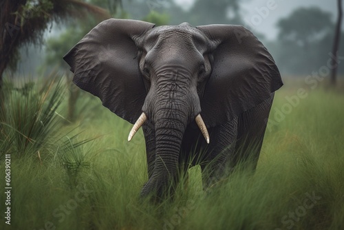 illustration, elephant in the rain among the grass, ai generative.