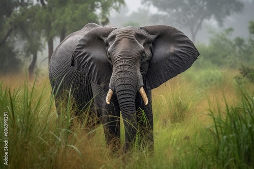 illustration, elephant in the rain among the grass, ai generative.