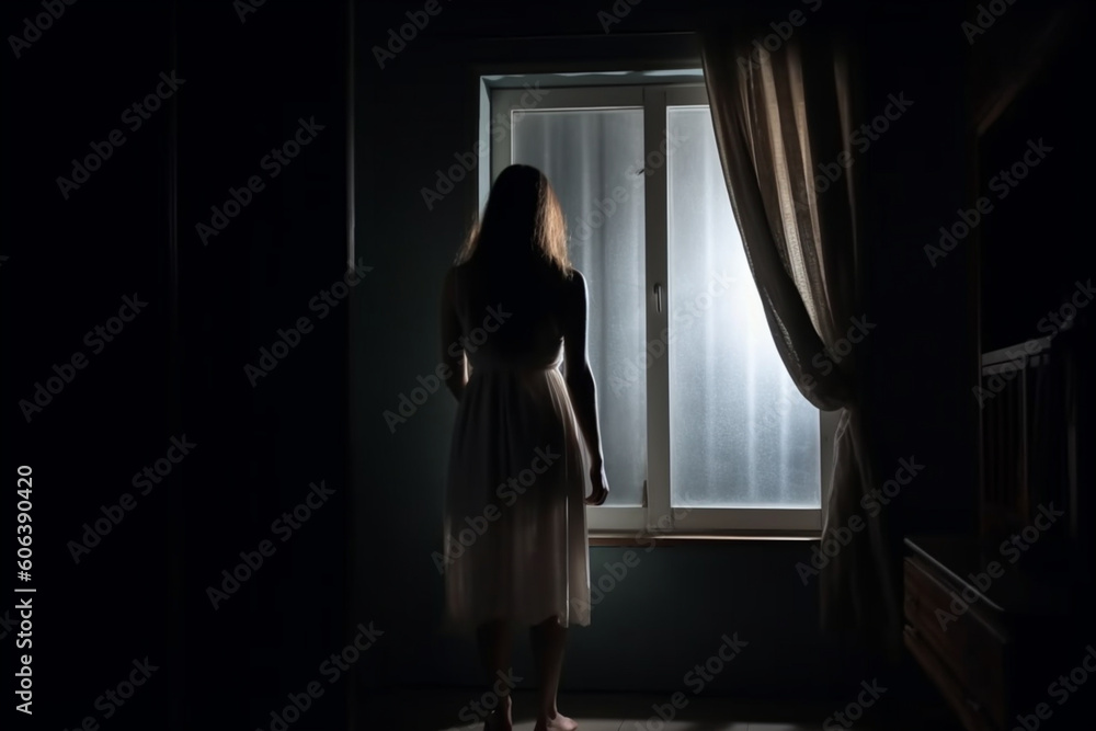 rear view of Lonely woman standing in the dark behind the window looking