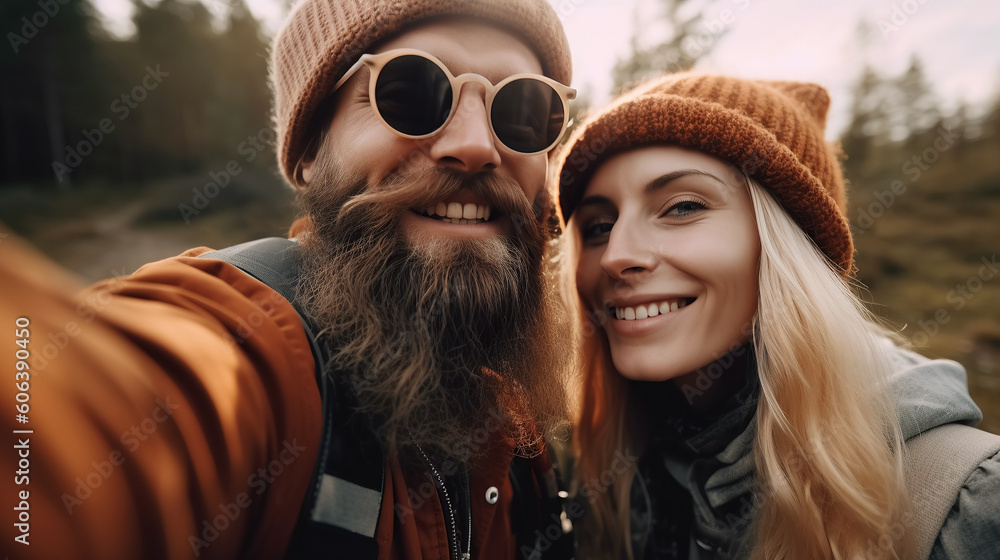 happy couple in love smile while taking selfie on smartphone while traveling in nature in mountains. Generative AI