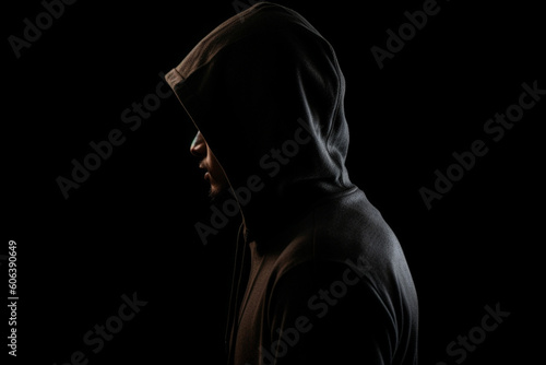 Mysterious man wit hoodie in silhouette isolated on black background