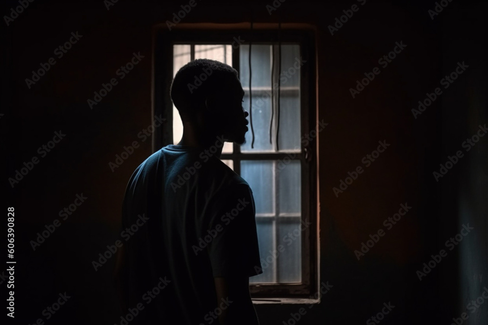 rear view of Lonely african man standing in the dark behind the window looking