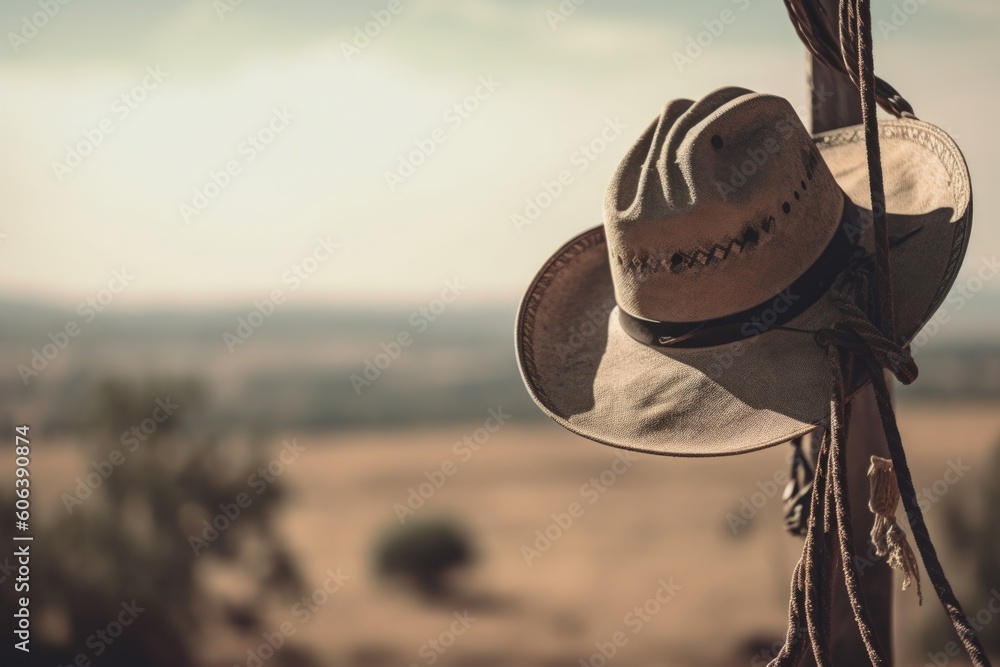 Obraz na plátně touching photograph of cowboy hat hanging from rope on windy day, created with g