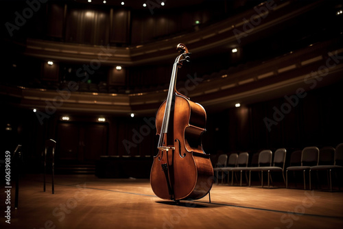 Serenade of Strings: Double Bass in a Majestic Concert Hall. AI generated photo