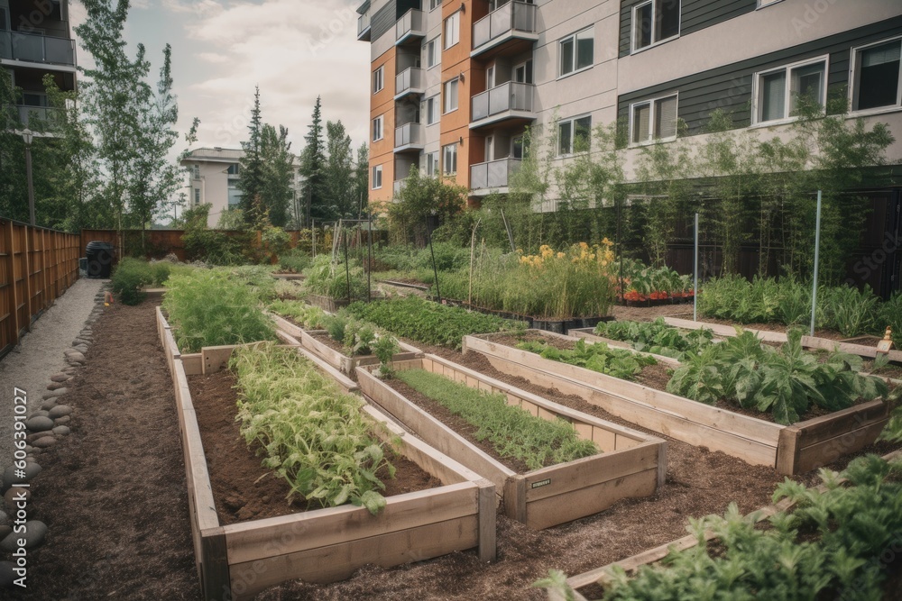 Fototapeta premium community garden with rows of freshly planted vegetable and herbs beds, created with generative ai