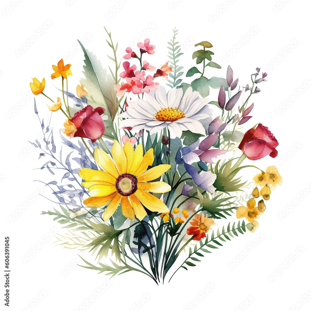 Watercolor Wild Flowers isolated on a transparent background, Floral Clipart, Watercolor Clipart, Wild Flowers, Wedding Clipart, Greenery Clipart, Png, ai generated
