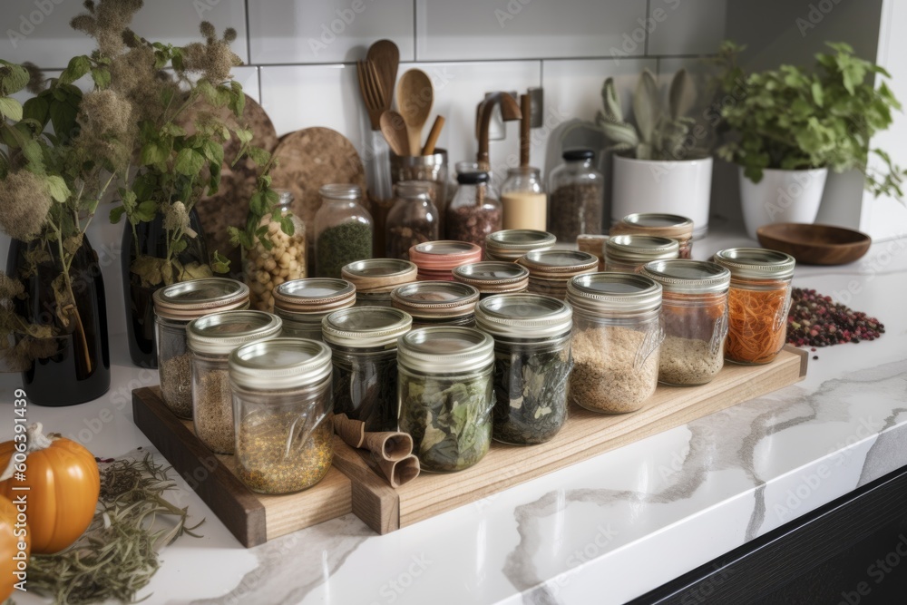 meal prep station with variety of fresh and dried herbs, spices, and other seasonings, created with generative ai meal prep station with variety of fresh and dried herbs, spices, and other seasonings, created with generative ai