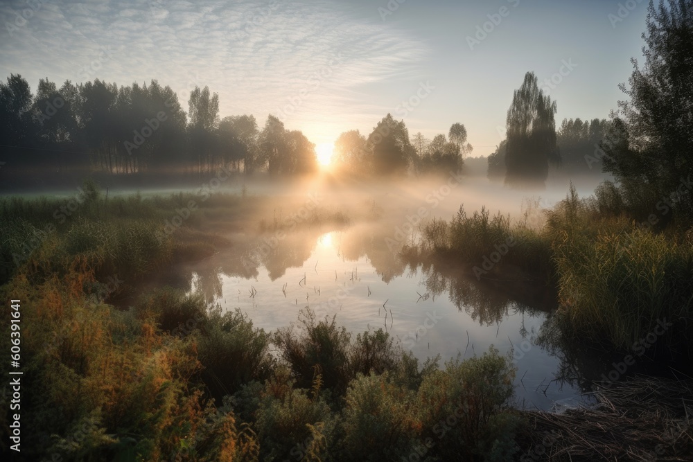 rural landscape with misty morning sunrise, featuring a peaceful lake, created with generative ai